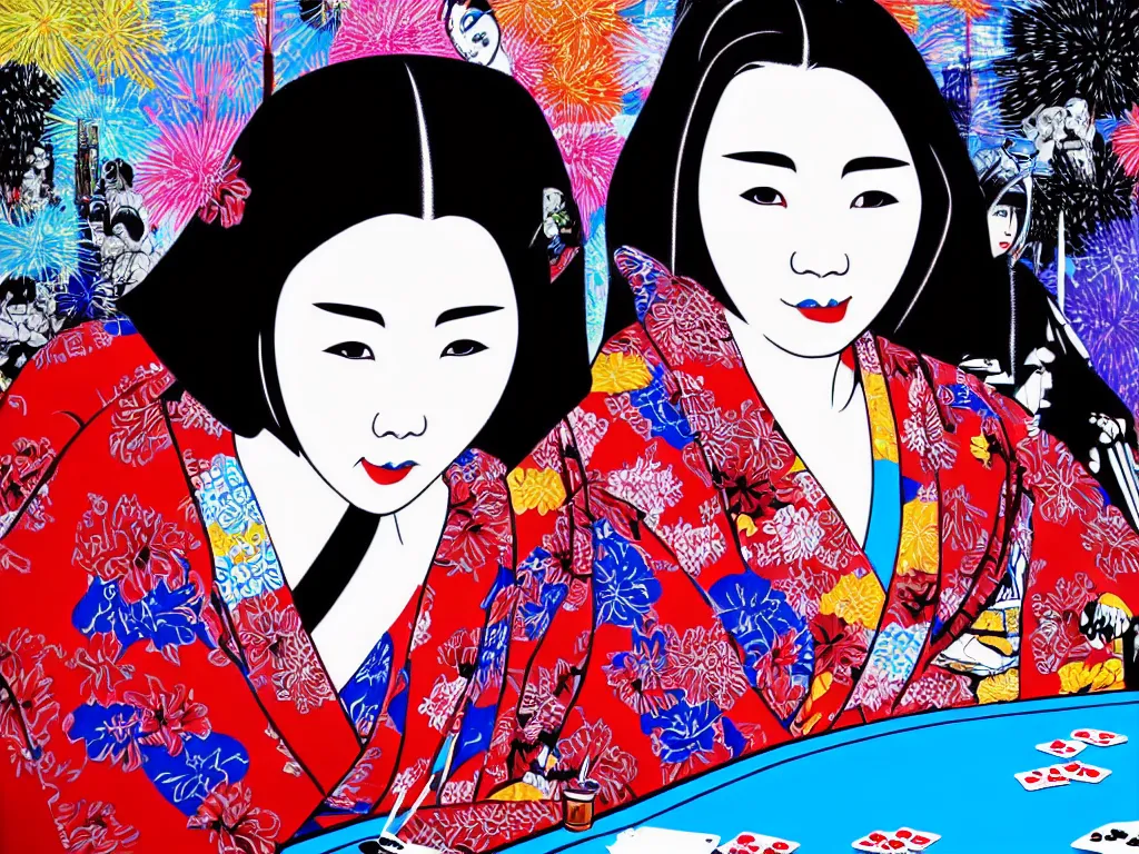 Image similar to hyperrealistic composition of the detailed woman in a japanese kimono sitting at a extremely detailed poker table with detailed darth vader, fireworks, mountain fuji on the background, pop - art style, jacky tsai style, andy warhol style, acrylic on canvas