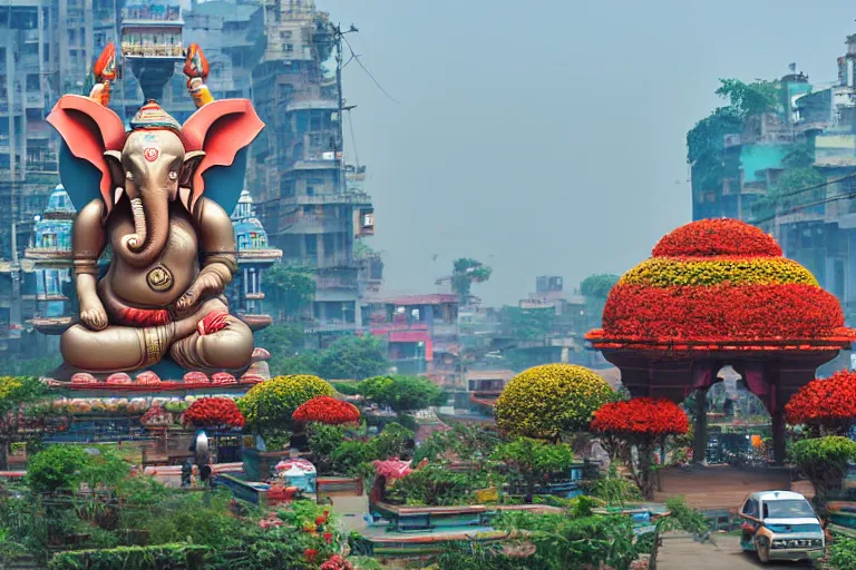 Image similar to beautiful futuristic new delhi, sharp sci - fi ganesha!! building, kalighat flowers, highly detailed cinematic, stephen shore & john j. park, soft morning light, wide shot, ground angle, uhd 8 k, shallow depth of field