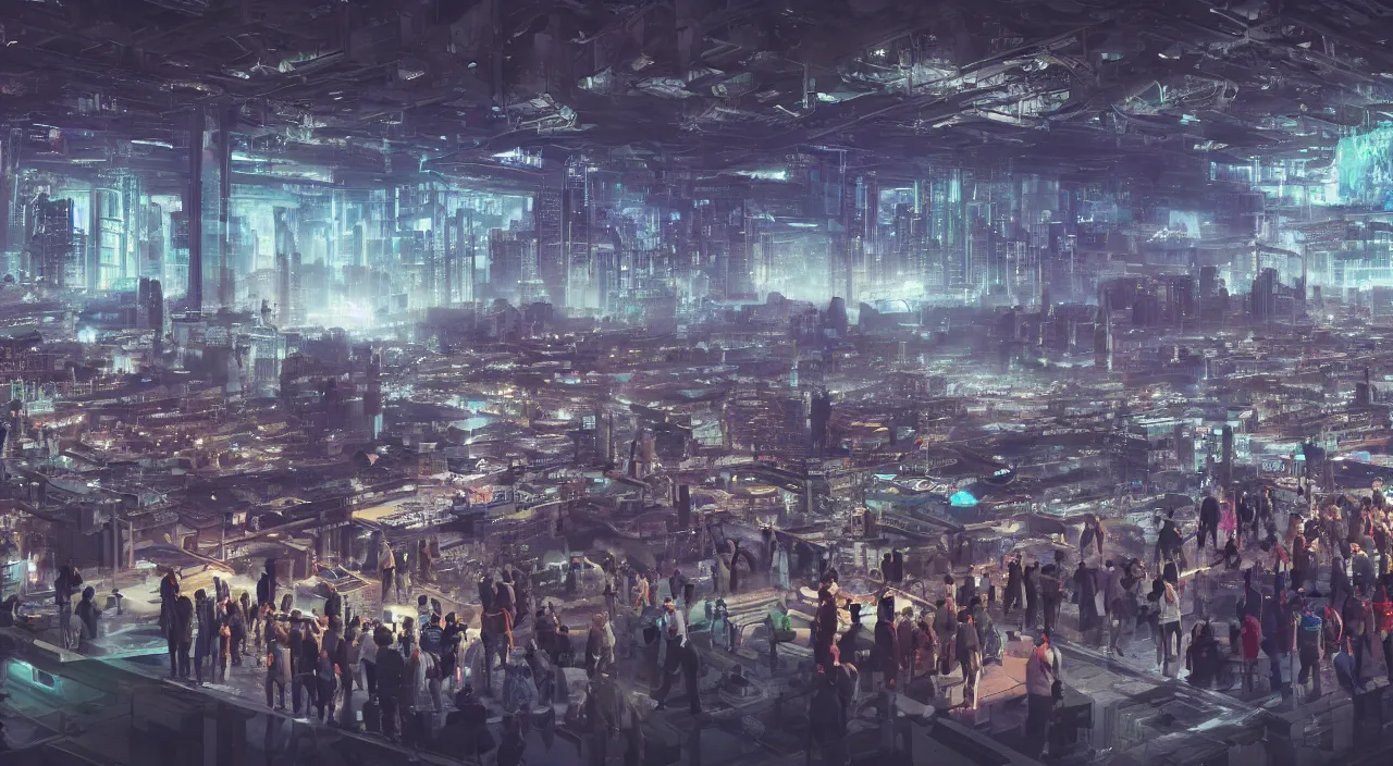 Image similar to large group people in a huge warehouse, looking at hologram of futuristic city on a table | cinematic concept art | godrays | 4 k | clear details | tabletop model | tabletop | hologram foreground