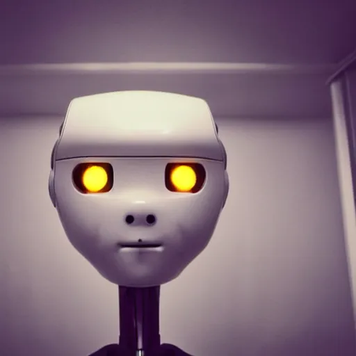 Image similar to close up portrait of a humanoid robot with a light bulb head and light is coming out of it, polaroid, photo taken in a back storage room, the robot's face has an uncanny valley quality, the robot has a sullen and forlorn look on its face, its face and body look almost human