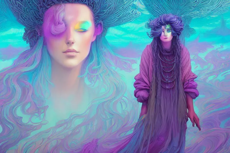 Prompt: muted vaporwave ombre. druid of creativity, beautiful character fashion design, by josan gonzalez and paul lehr and david heskin and seb mckinnon and jared s. merantz and alex grey, hi - fructose, 8 k, digital matte painting