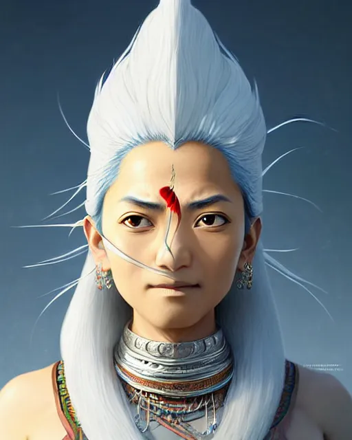 Image similar to himalayan woman, mage, with silver hair, detailed perfect face, exquisite details, fire magic, mid view, design on a white background, by studio muti, greg rutkowski makoto shinkai takashi takeuchi studio ghibli