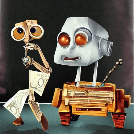 Prompt: Wall-e and Salvador Dali smoking cigars and counting money