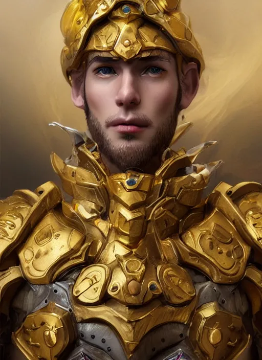 Image similar to gold paladin, james jean style, claymation style, perfect face, fantasy protrait, 8 k realistic, hyper detailed
