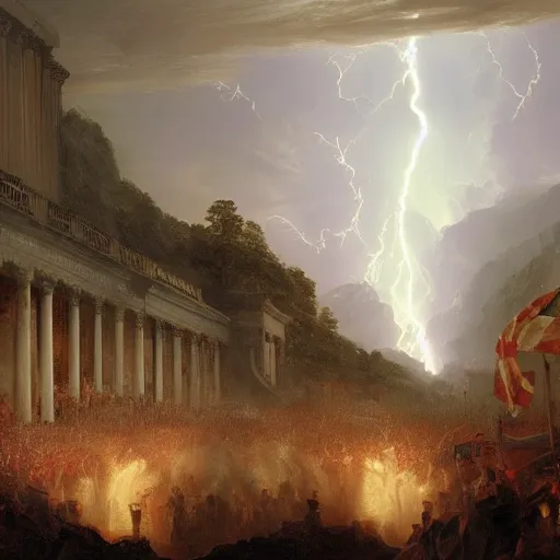 Image similar to Capitol Riot lead by marmots painted by Thomas Cole with dramatic lightning, concept art, matte painting, 8k, highly detailed, artstation