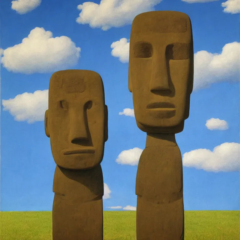 Image similar to portrait of a faceless moai - head man in a suit, clouds in the background, by rene magritte, detailed painting, distance, middle centered, hd, hq, high resolution, high detail, 4 k, 8 k