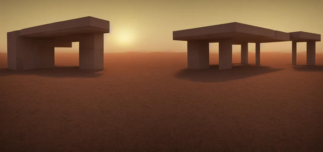 Prompt: view from the desert ground of futuristic blocky brutalist structure at dusk, the sun has just set, glowing heat haze, mirage, light rays, symmetry, cinematic lighting, ultra detailed, sharp, ambient occlusion, bloom, raytracing, by greg rutowski, finnian macmanus and jessica rossier