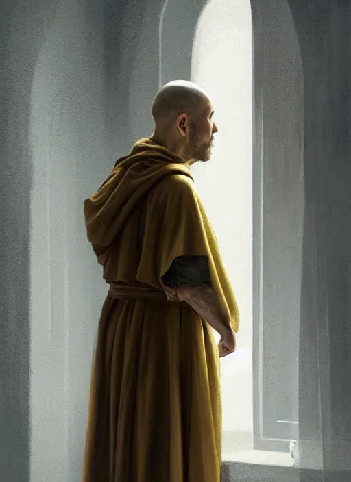 Image similar to oil painting of a franciscan monk in robes, looking out a window contemplatively, digital art, artstation, cinematic, golden hour, digital art painting by greg rutkowski