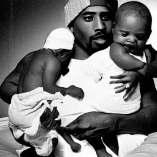 Prompt: photo of 2 pac taking care of my white caucasian baby, the baby is white you stupid ai.