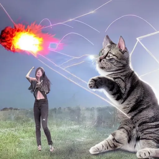 Prompt: giant cat firing lazers at burning people apocalypse hyper realistic