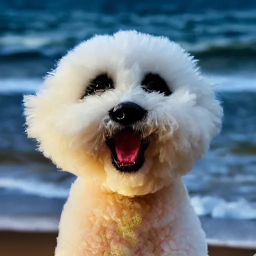 Image similar to a closeup photorealistic photograph of panda themed white bichon frise smiling on the beach at sunset. This 4K HD image is Trending on Artstation, featured on Behance, well-rendered, extra crisp, features intricate detail and the style of Unreal Engine.