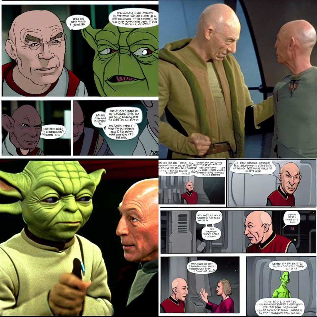 Prompt: Captain Jean-Luc Picard meeting Yoda