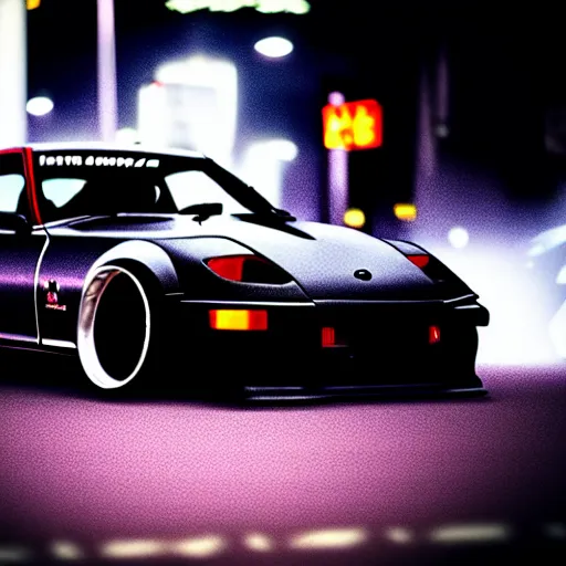 Image similar to a car 300Z twin turbo drift at illegal car meet, Shibuya prefecture, city midnight mist lights, cinematic lighting, photorealistic, highly detailed wheels, high detail