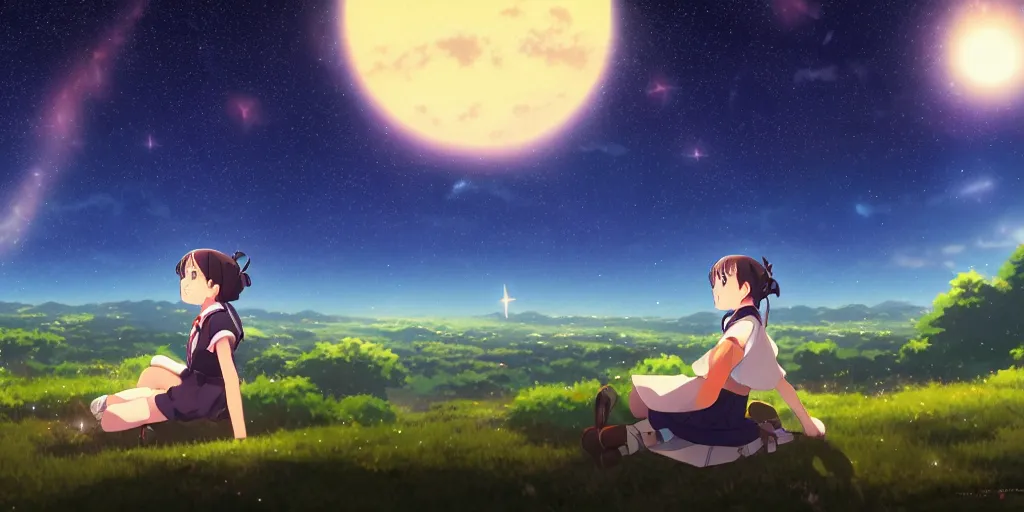 Image similar to a schoolgirl girl sat on the hillside and looked at the stars in the night sky, midnight, spectacular milky way, shining meteor, official media, anime key visual, detailed, artwork by makoto shinkai. - h 5 7 6