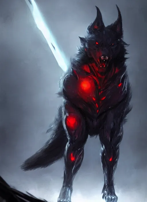 Image similar to A concept art of a big and bulky humanoid wolf with black fur, giant black sword, glowing red eyes, evil look. In style of Hyung-tae Kim, Greg Rutkowski and Larry Elmore, concept art, trending on ArtStation, Korean MMORPG, over-detailed art, 8K, epic, dynamic lightning, dynamic pose, half body portrait.