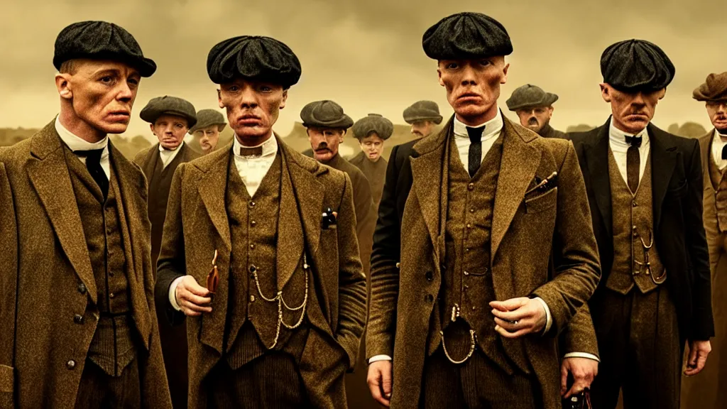 Image similar to the peaky blinders made of of peanuts, film still from the movie directed by denis villeneuve with art direction by zdzis