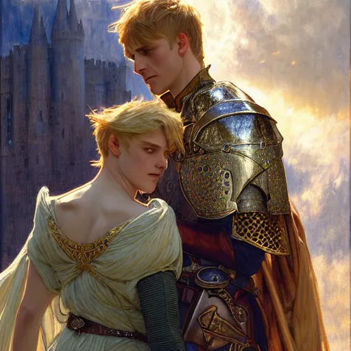 Prompt: attractive arthur pendragon and his favourite attractive knight, they are in love, camelot, natural lighting, path traced, highly detailed, high quality, digital painting, by gaston bussiere and ross tran and j. c. leyendecker and alphonse mucha