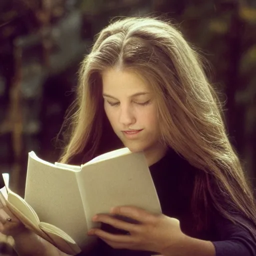 Image similar to a girl reading a book, hair flowing down, by jeff bridges