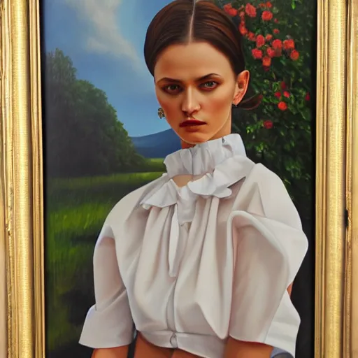 Prompt: hyperrealism oil painting of ukrainian fashion model in vyshyvanka