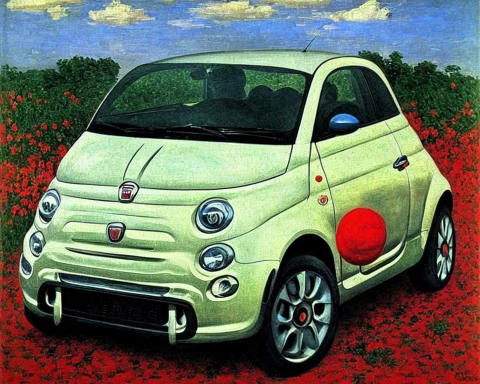 Image similar to achingly beautiful painting of a 2 0 1 3 fiat 5 0 0 abarth by rene magritte, monet, and turner. whimsical.