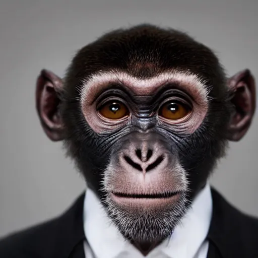 Prompt: high quality portrait of a monkey wearing black suit, studio photograph, photograph, realistic photo, 8k photo, 4k photo, stock photo, high resolution, cinematic shot, high detail