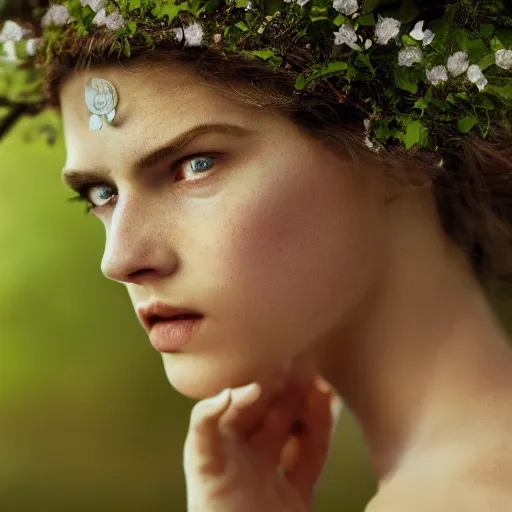 Image similar to photo portrait of a beautiful nature goddess, depth of field, zeiss lens, detailed, symmetrical, centered, by edward robert hughes, connor hibbs, annie leibovitz and steve mccurry, david lazar, jimmy nelsson, breathtaking, 8 k resolution, extremely detailed, beautiful, establishing shot, artistic, hyperrealistic, beautiful face, octane render