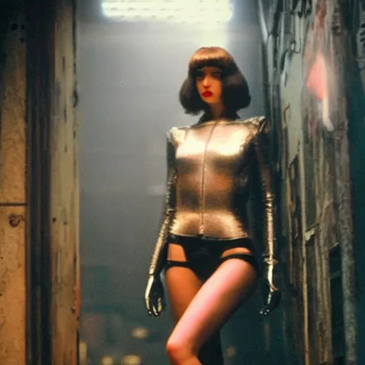 Image similar to Ana de Armas as gorgeous flirty gynoid in doorway in Blade Runner,