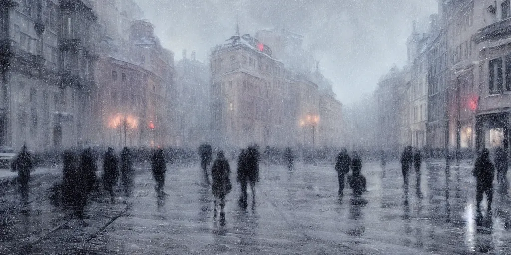 Image similar to 1 9 2 0 s warsaw during an arctic storm, dark, digital art, by james gurney