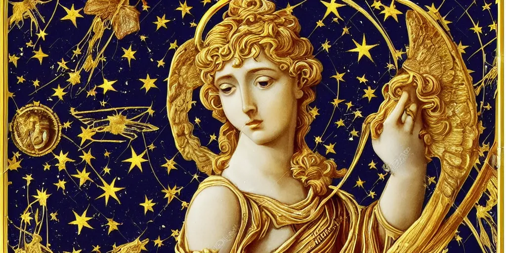 Prompt: saint Woman Venus Athena beautiful gracious baroque marble and gold in space sistina stars winged butterflies greeks