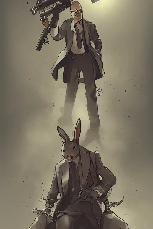 Image similar to rabbit as a hitman, dynamic lighting, fantasy concept art, trending on art station, stunning visuals, creative, cinematic, ultra detailed, comic strip style