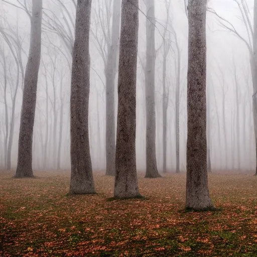 Prompt: A photograph of a strange forest with trees made of feathers, in fog