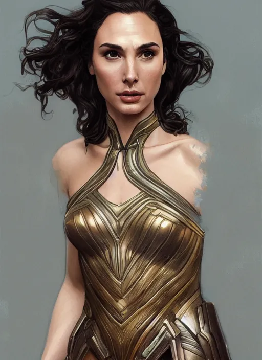 Image similar to full length photo of gal gadot wearing a dress, intricate, elegant, highly detailed, digital painting, artstation, concept art, matte, sharp focus, illustration, hearthstone, art by artgerm and greg rutkowski and alphonse mucha