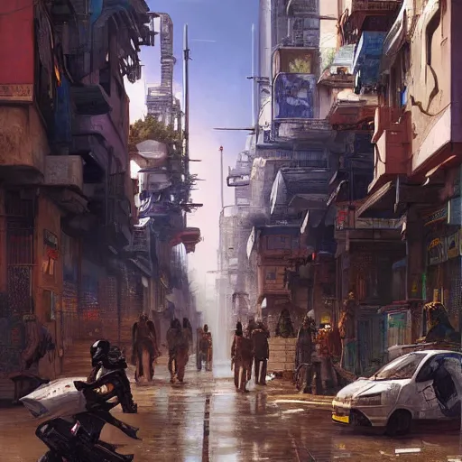 Prompt: detailed painting of a cyberpunk street in africa, majestic solemn ornaments and solemn architecture, artstation, bouguereau, cinematic