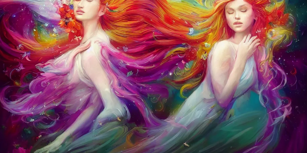 Image similar to a colorful and provenance portrait painting of a angel with her hugeflowers wings spread out gracefully, highly saturated colors, highly detailed, hair made of hair made of air wind and curling smoke, mist, dust, genie, flowers, flower, stars, spirit fantasy concept art, art by charlie bowater and aenami, trending on artstation.