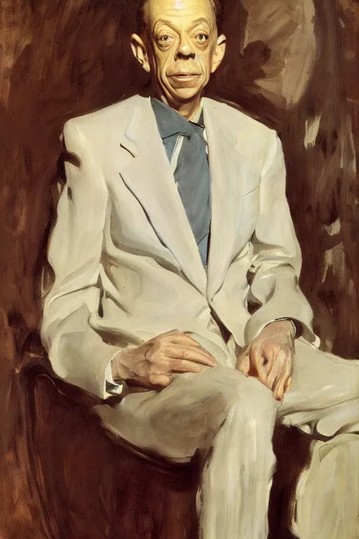 Image similar to portrait of don knotts sitting with full face full figure, in the style of expressionism, soft light, volumetric light, subsurface scattering, translucent skin, john singer sargent