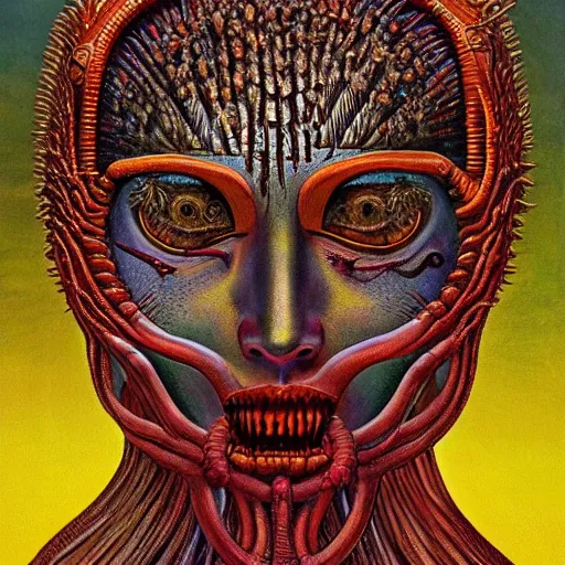 Image similar to the queen of the sun in the style of zdzisław beksiński and h.r. giger, oil on canvas, full body, open wide chest, intricately detailed artwork, full 8k high quality resolution, recently just found unknown masterpiece, renaissance painting, photorealism, 8k high detail, Sigma 85 mm f 1.4, Studio Light, Studio Ghibli, jacek yerka, alex gray, zdzisław beksiński, dariusz zawadzki, jeffrey smith and h.r. giger, oil on canvas, 8k highly professionally detailed, trending on artstation, her hair is thick and smooth, she is beautiful showing her true form, zdzisław beksiński and h.r. giger,zdzisław beksiński and h.r. giger,zdzisław beksiński and h.r. giger,zdzisław beksiński and h.r. giger, jeffrey smith, jeffrey smith, jeffrey smith, jeffrey smith, jeffrey smith, jeffrey smith, jeffrey smith, jeffrey smith, jeffrey smith, jeffrey smith