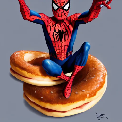 Image similar to spider - man sit on the raccoon and eating donuts, concept art, trending on artstation, highly detailed, intricate, sharp focus, digital art, 8 k