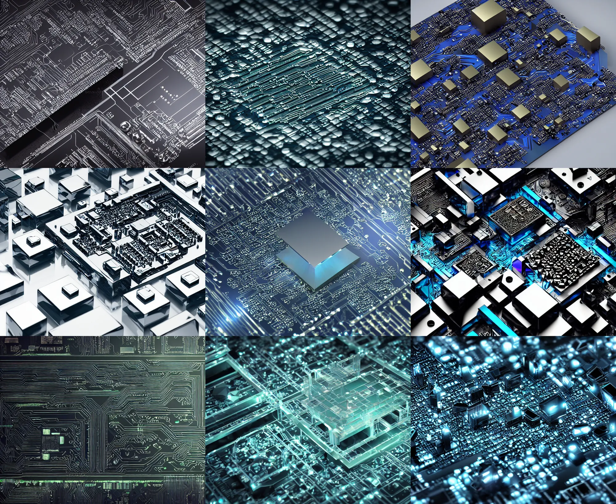 Prompt: circuit board processor block, 3 d ray - traced photorealistic concept render, moody beautiful colors, futuristic, squares, crystal nodes, sleek, shiny, high angle shot with sharp realistic intricate detail, iridescent glowing chips, black 3 d cuboid device modular graphene, futuristic precious metals, treasure artifact