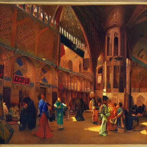 Image similar to dragons on display in a dragon auction in the grand bazaar of isfahan by edwin lord weeks