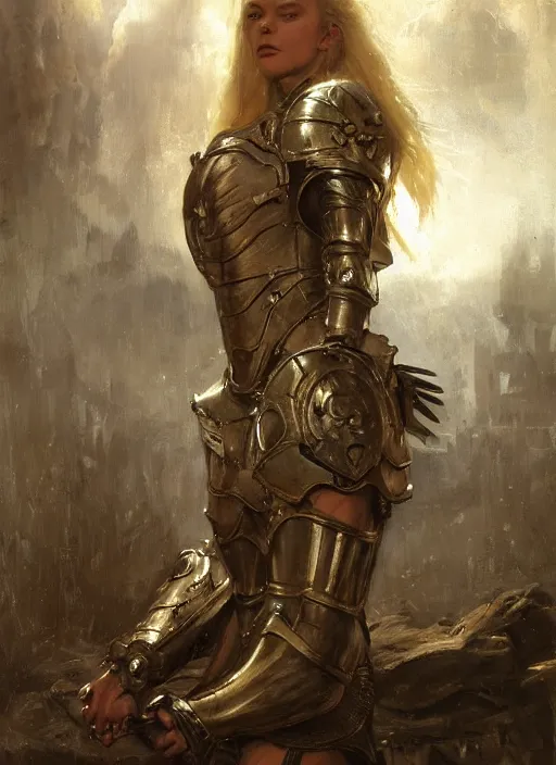 Prompt: short blonde muscular woman wearing medieval armour, detailed by gaston bussiere, bayard wu, greg rutkowski, giger, maxim verehin, greg rutkowski, masterpiece, sharp focus, cinematic lightning