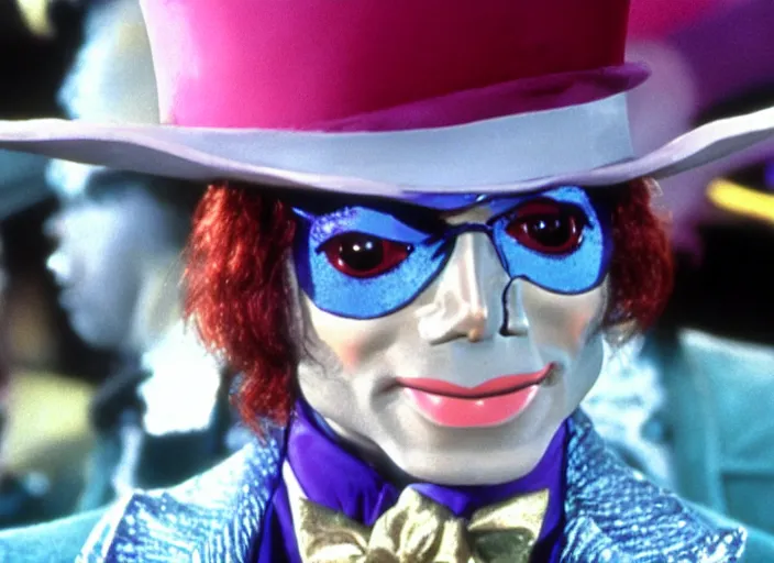 Image similar to film still of Michael Jackson as Willy Wonka in Willy Wonka and the Chocolate Factory 1971