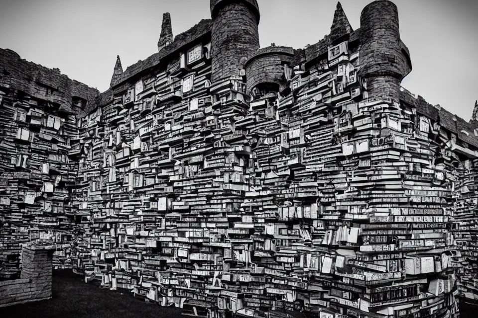 Image similar to a castle made of books, black and white photography