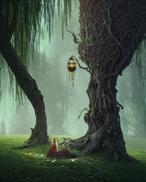 Image similar to highly detailed surreal vfx portrait of a cursed crown in a shadowy forest by a willow tree, stephen bliss, unreal engine, greg rutkowski, loish, rhads, beeple, makoto shinkai and lois van baarle, ilya kuvshinov, rossdraws, tom bagshaw, alphonse mucha, global illumination, detailed and intricate environment