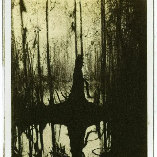 Prompt: creepy lovecraftian monster in swamp, 1 9 1 0 polaroid photo