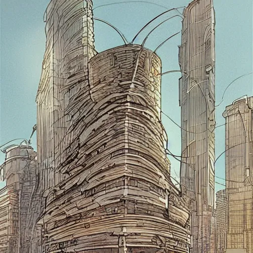 Prompt: concept art of a huge cat - like building in the middle of a city, art by moebius, digital art