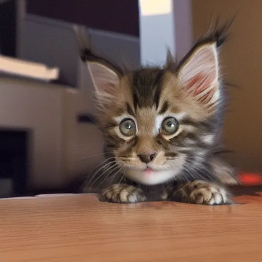 Image similar to eye - level view, a super cute maine coon kitten ate my homework in my room and woke up smart the next day. now the kitten is going to prepare my parents'tax return, hilarious, funny, frenetic high energy, back to school comedy, cg animation, 3 d octane render, imax 7 0 mm, rtx,