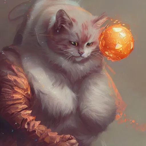 Prompt: fat orange cat, D&D, fantasy, intricate, elegant, highly detailed, digital painting, artstation, octane render, concept art, matte, sharp focus, illustration, hearthstone, art by Artgerm and Greg Rutkowski and Alphonse Mucha