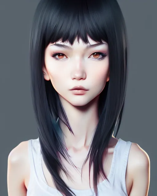 Image similar to full 1 2 0 mm face portrait of a beautiful slender kazakh girl, in tshirt, happy, by saruei and guweiz and ilya kuvshinov and grant morrison and range murata digital art, highly detailed intricate, sharp focus, trending on artstation hq deviantart pinterest, unreal engine 5, 4 k uhd image