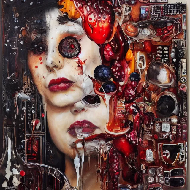 Prompt: apartment of an art student, sensual portrait of a woman holding a brain, mangosteen, honey dripping, berries dripping juice, pancakes, pomegranate, bones, computer parts, berries, octopus, scientific glassware, neo - expressionism, surrealism, acrylic and spray paint and oilstick on canvas