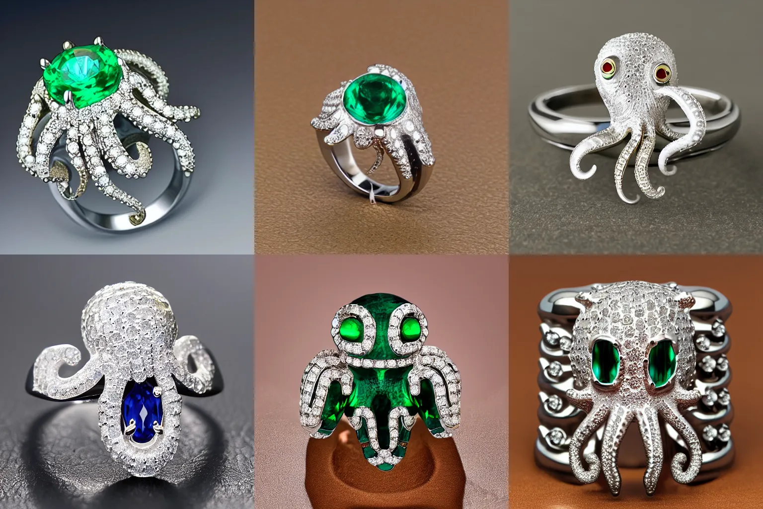 Prompt: rare and luxury super unique octopus white gold ring with octopus at the top of the ring made of emerald and diamond